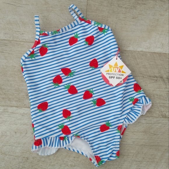 NWT Dolphin Love Girls Strawberry Stripe UPF 50+ One Piece Swimsuit - Picture 1 of 8